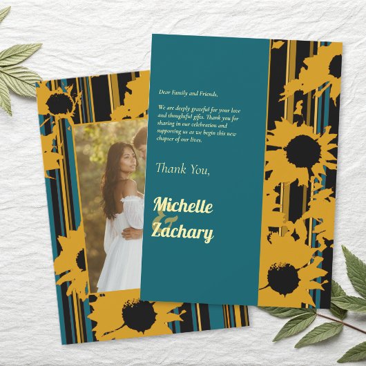 Sunflower Teal Blue Gold Modern Wedding サンキューカード