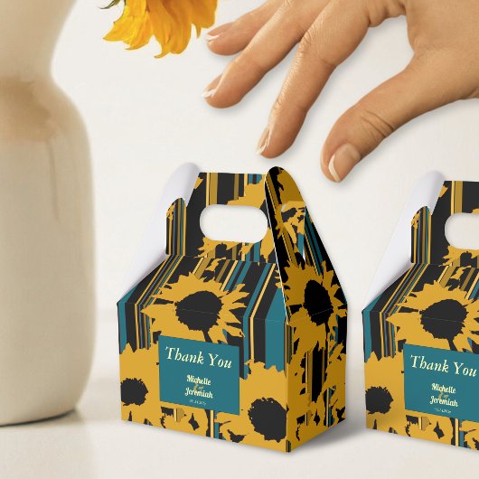 Sunflower Teal Blue Gold Modern Wedding フェイバーボックス