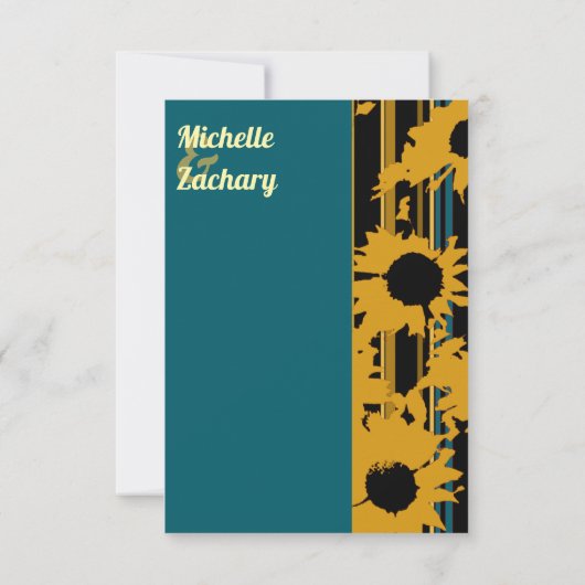 Sunflower Teal Blue Gold Modern Wedding 出欠カード (裏面)