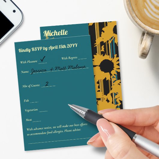 Sunflower Teal Blue Gold Modern Wedding 出欠カード