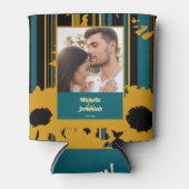 Sunflower Teal Blue Gold Modern Wedding 缶クーラー (正面)