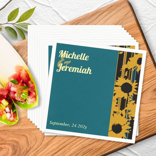 Sunflower Teal Blue Gold Modern Wedding Cocktail スタンダードカクテルナプキン