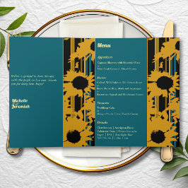 Sunflower Teal Blue Gold Modern Wedding Menu カード