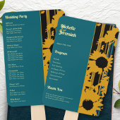 Sunflower Teal Blue Gold Modern Wedding Program ハンドファン