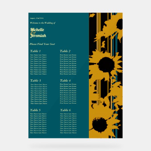 Sunflower Teal Blue Gold Modern Wedding Seat Chart アクリルサイン (正面)