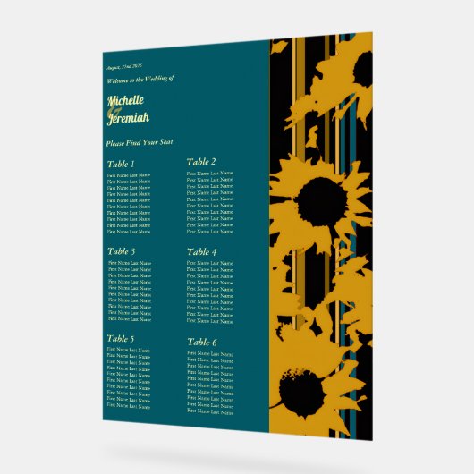 Sunflower Teal Blue Gold Modern Wedding Seat Chart アクリルサイン (傾斜)