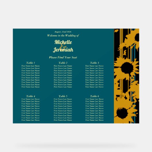 Sunflower Teal Blue Gold Modern Wedding Seat Chart アクリルサイン (正面)