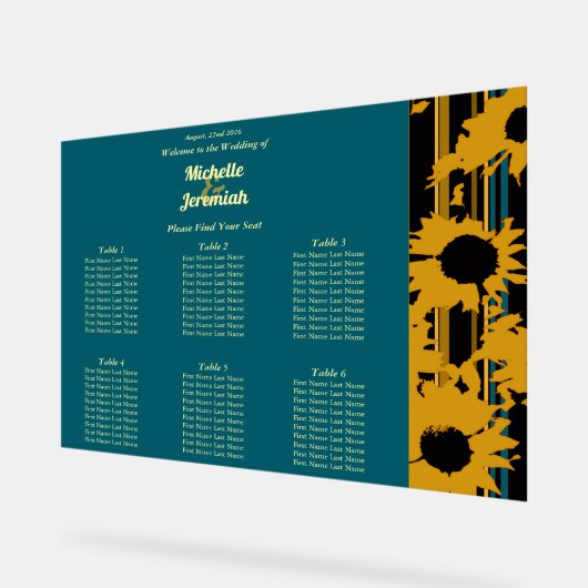 Sunflower Teal Blue Gold Modern Wedding Seat Chart アクリルサイン (傾斜)