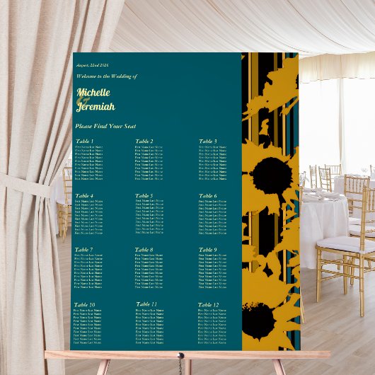 Sunflower Teal Blue Gold Modern Wedding Seat Chart アクリルサイン