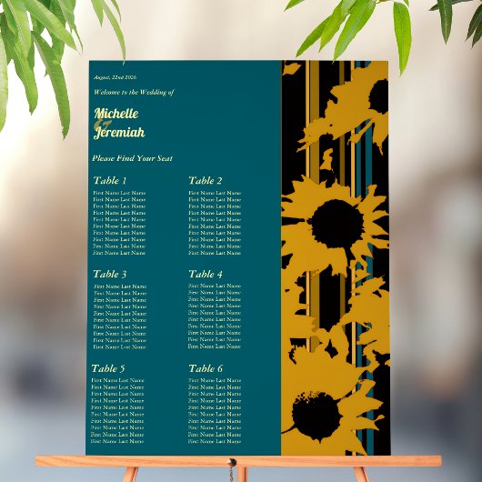 Sunflower Teal Blue Gold Modern Wedding Seat Chart アクリルサイン