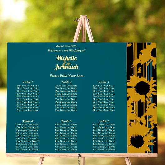 Sunflower Teal Blue Gold Modern Wedding Seat Chart アクリルサイン