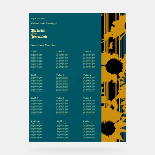 Sunflower Teal Blue Gold Modern Wedding Seat Chart アクリルサイン (正面)