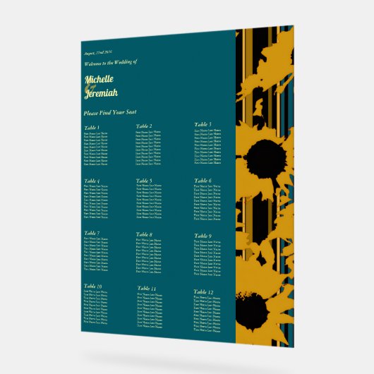 Sunflower Teal Blue Gold Modern Wedding Seat Chart アクリルサイン (傾斜)