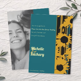 Sunflower Teal Blue Gold Wedding Photo セーブザデート