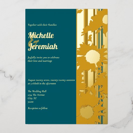 Sunflower Teal Blue Modern Wedding Gold 箔招待状 (正面)