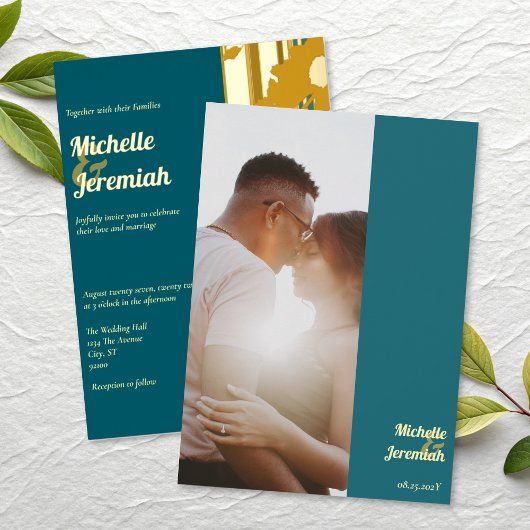 Sunflower Teal Blue Modern Wedding Gold 箔招待状