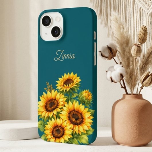 Sunflower Teal Modren Minimal Initial Phone Case iPhoneケース