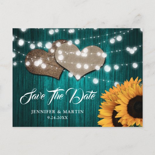 Sunflower Teal Wood Wedding Save The Date ポストカード (正面)