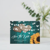 Sunflower Teal Wood Wedding Save The Date ポストカード (スタンド正面)