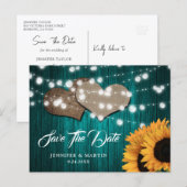 Sunflower Teal Wood Wedding Save The Date ポストカード (正面/裏面)