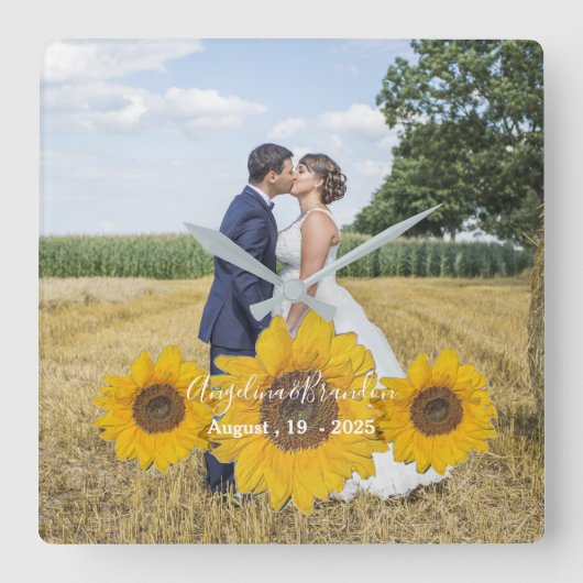 sunflower trio -結婚あなたの写真 スクエア壁時計 (正面)