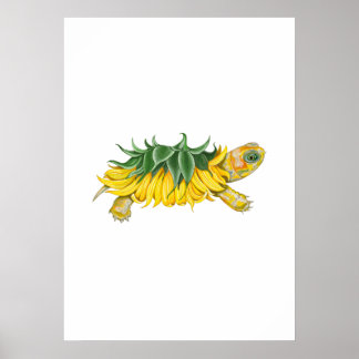 Sunflower Turtle – Botanical Fantasy Art Print ポスター