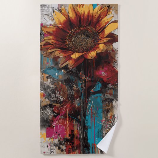 Sunflower Urban Street Art Illustration ビーチタオル (正面)