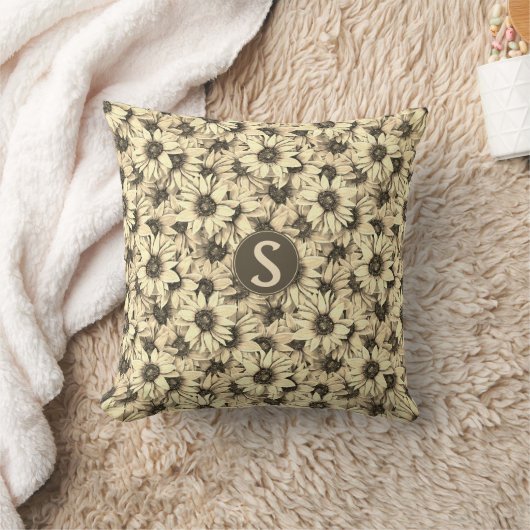 Sunflower Vintage Charm Sepia Tone Throw Pillow クッション (ブランケット)