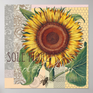 Sunflower Vintage Damask Flower Pattern Art ポスター