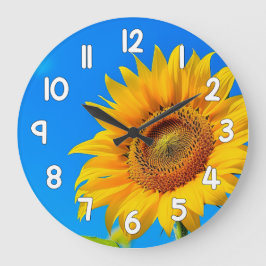 Sunflower Wall Clock Blue Background Floral Decor ラージ壁時計