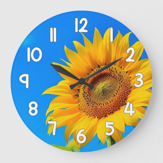 Sunflower Wall Clock Blue Background Floral Decor ラージ壁時計 (正面)