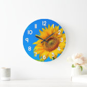 Sunflower Wall Clock Blue Background Floral Decor ラージ壁時計 (ホーム)