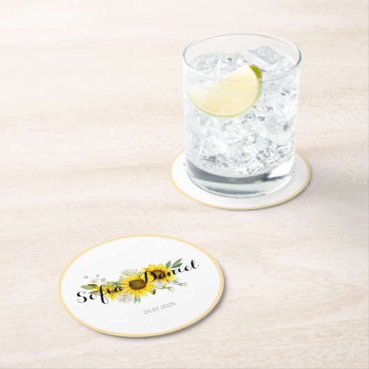 Sunflower watercolor white rose wedding ラウンドペーパーコースター (インサイチュ)