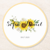 Sunflower watercolor white rose wedding ラウンドペーパーコースター (正面)