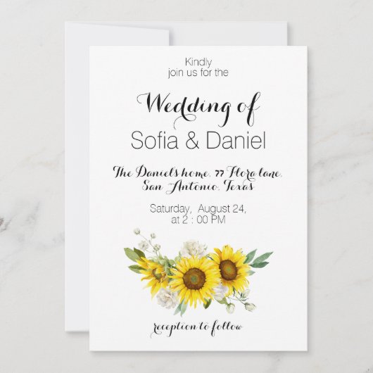 Sunflower watercolor white rose wedding Invitation 招待状 (正面)