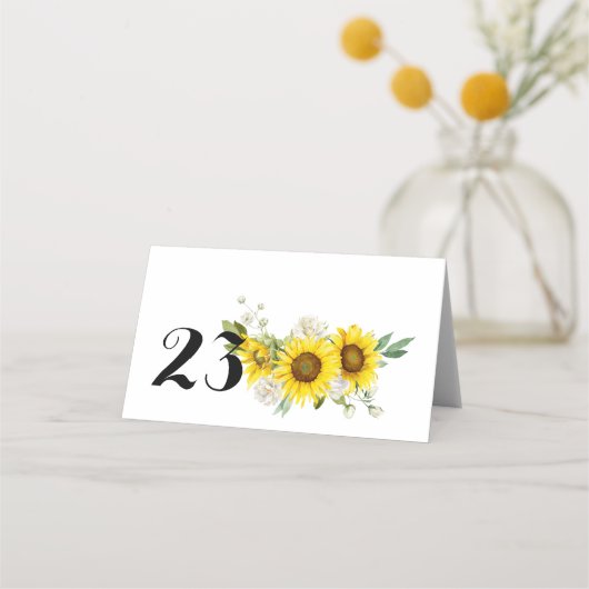 Sunflower watercolor white roses wedding プレイスカード (正面)