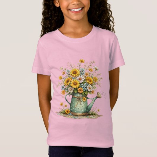 Sunflower Watering Can Floral Garden Art Tシャツ (正面)