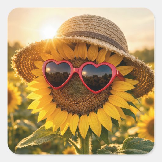 Sunflower Wearing Sunglasses and Straw Hat スクエアシール (正面)