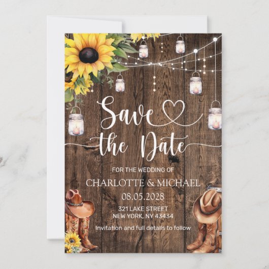 Sunflower Western Save the Date Wedding 招待状 (正面)