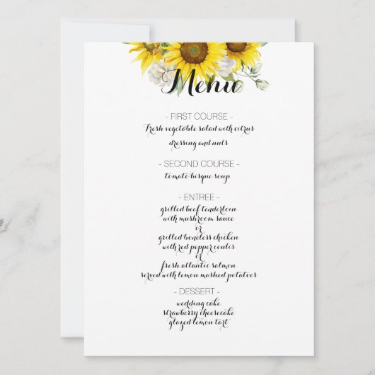 Sunflower white rose rustic wedding menu シーズンカード (正面)
