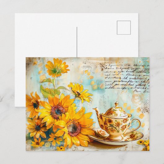 Sunflower with Antique Coffee Pot and Fantasy text ポストカード (正面/裏面)
