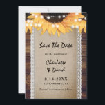 Sunflower Wood Burlap Lace Wedding セーブザデート<br><div class="desc">Rustic sunflower wedding save the date card featuring a burlap and lace runner with sunflowers and string lights on a barn wood background. Two burlap hearts at the back.</div>