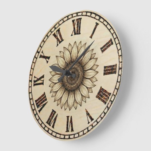 Sunflower Wood Burned Wall Clock ラージ壁時計 (傾斜)