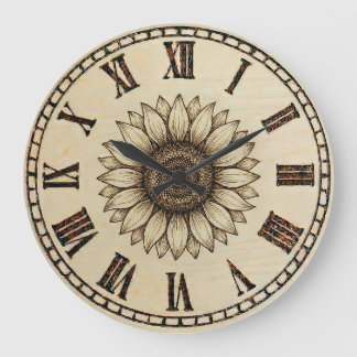 Sunflower Wood Burned Wall Clock ラージ壁時計