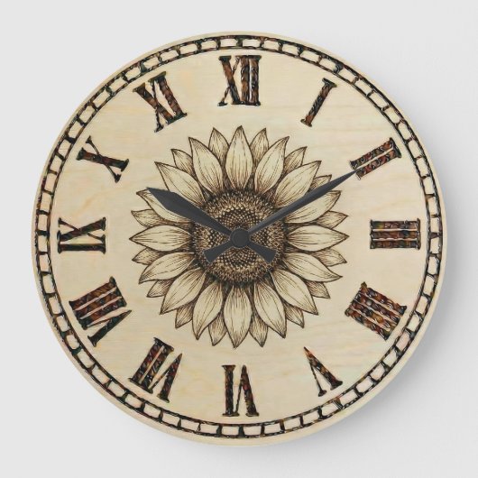 Sunflower Wood Burned Wall Clock ラージ壁時計 (正面)