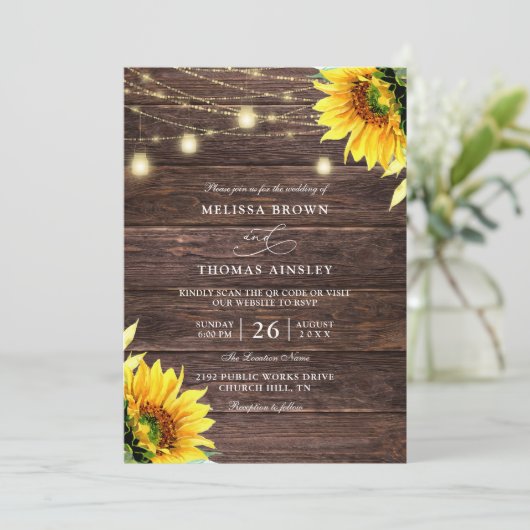 Sunflower Wood & Mason Jar Budget QR Code Wedding 招待状 (スタンド正面)