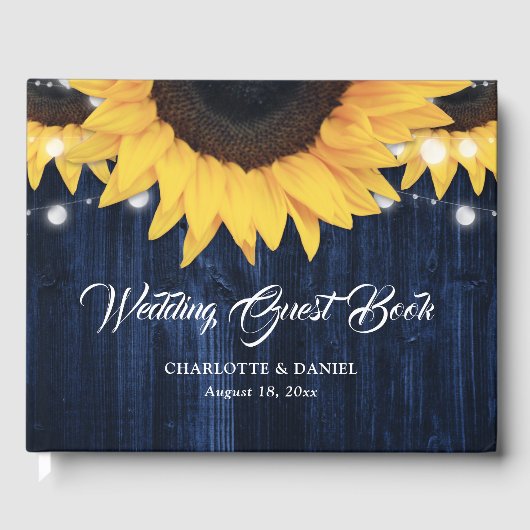 Sunflower Wood String Lights Navy Blue Wedding ゲストブック (正面)