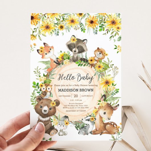 Sunflower Woodland Animals Baby Shower 招待状