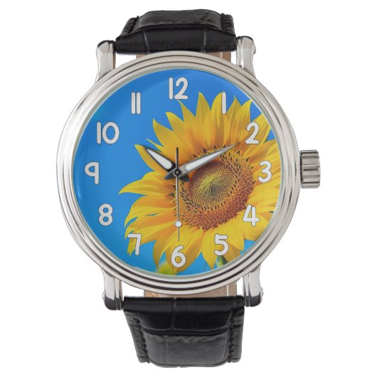 Sunflower Wrist Watch Blue Background Floral 腕時計 (正面)