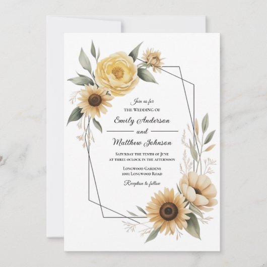 Sunflower Yellow Floral Frame Wedding Invitation 招待状 (正面)
